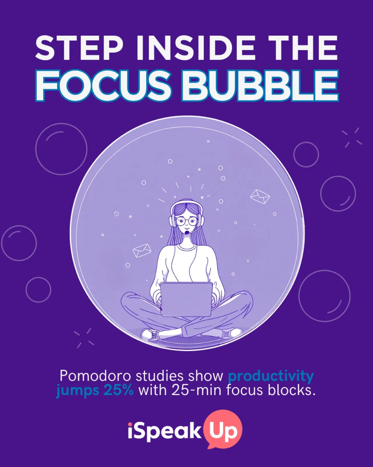 Student focusing on online English lesson inside a focus bubble using Pomodoro method